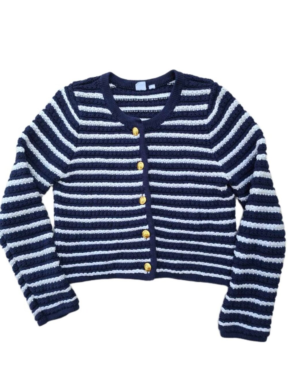 GAP Cotton Navy White Striped Heritage Gold Button Cardigan Size L